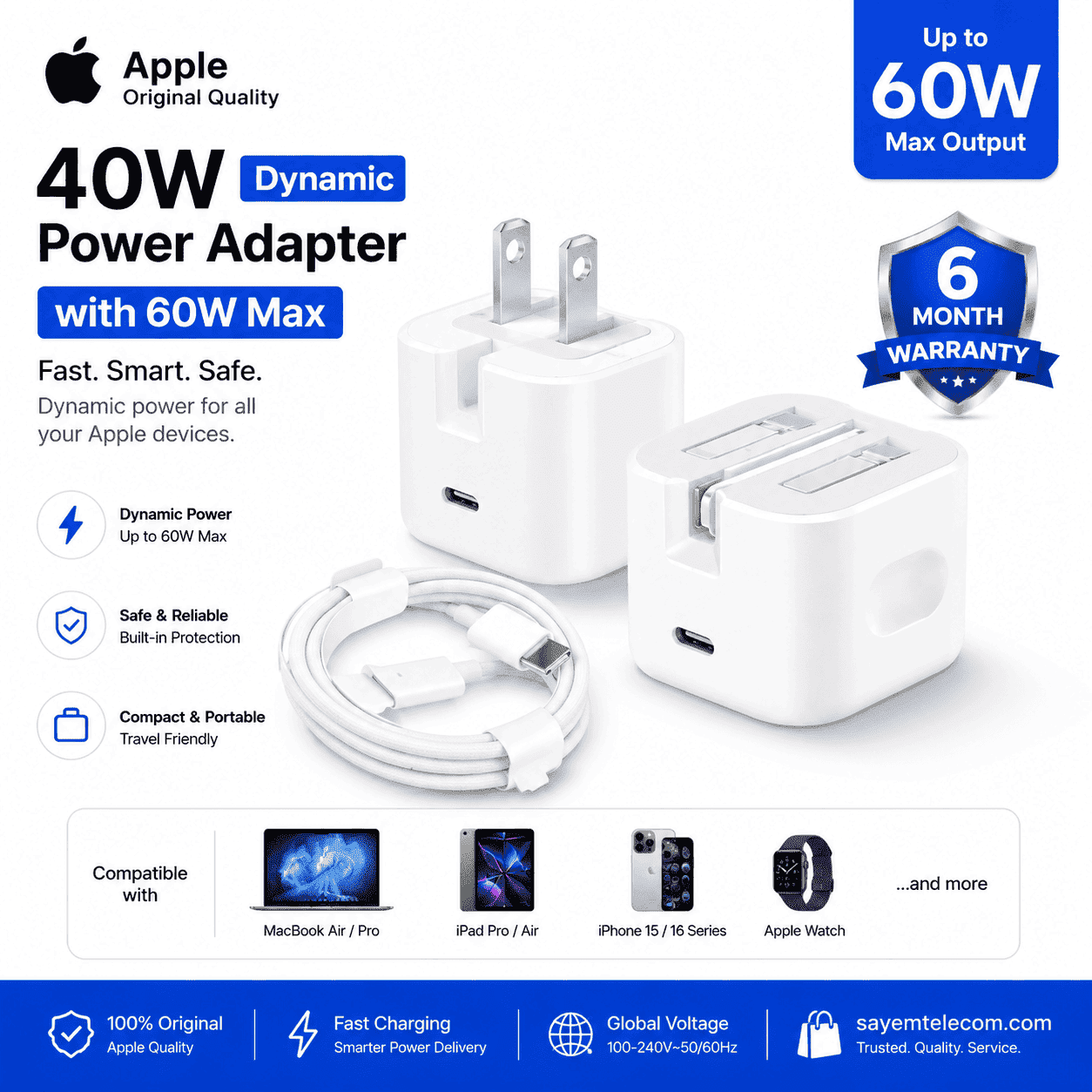 Apple 40W Dynamic Power Adapter – 60W Max Fast Charging Adapter