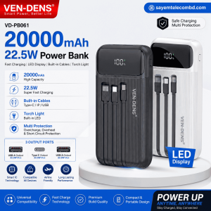 Ven-Dens VD-PB061 20000mAh 22.5W Fast Charging Power Bank with LED Display & Built-in Cables