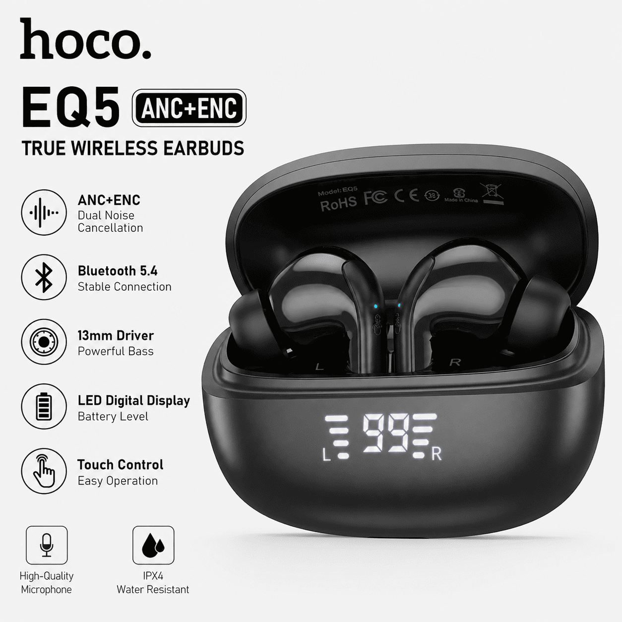 Hoco EQ5 ANC+ENC True Wireless Earbuds – Premium Sound with Active Noise Cancellation - Image 4