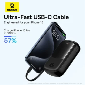 Baseus QPOW Pro+ 20000mAh 22.5W Power Bank with Built-in USB-C Cable – For iPhone 15 Pro Max & Type-C Devices