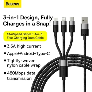 Baseus StarSpeed 3-in-1 Short Fast Charging Data Cable USB to Micro, Type-C & Lightning 0.6m 3.5A – Black